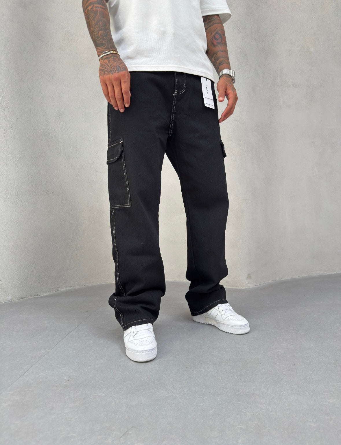 Siyah Kargo Cep Baggy Beyaz İp Detaylı