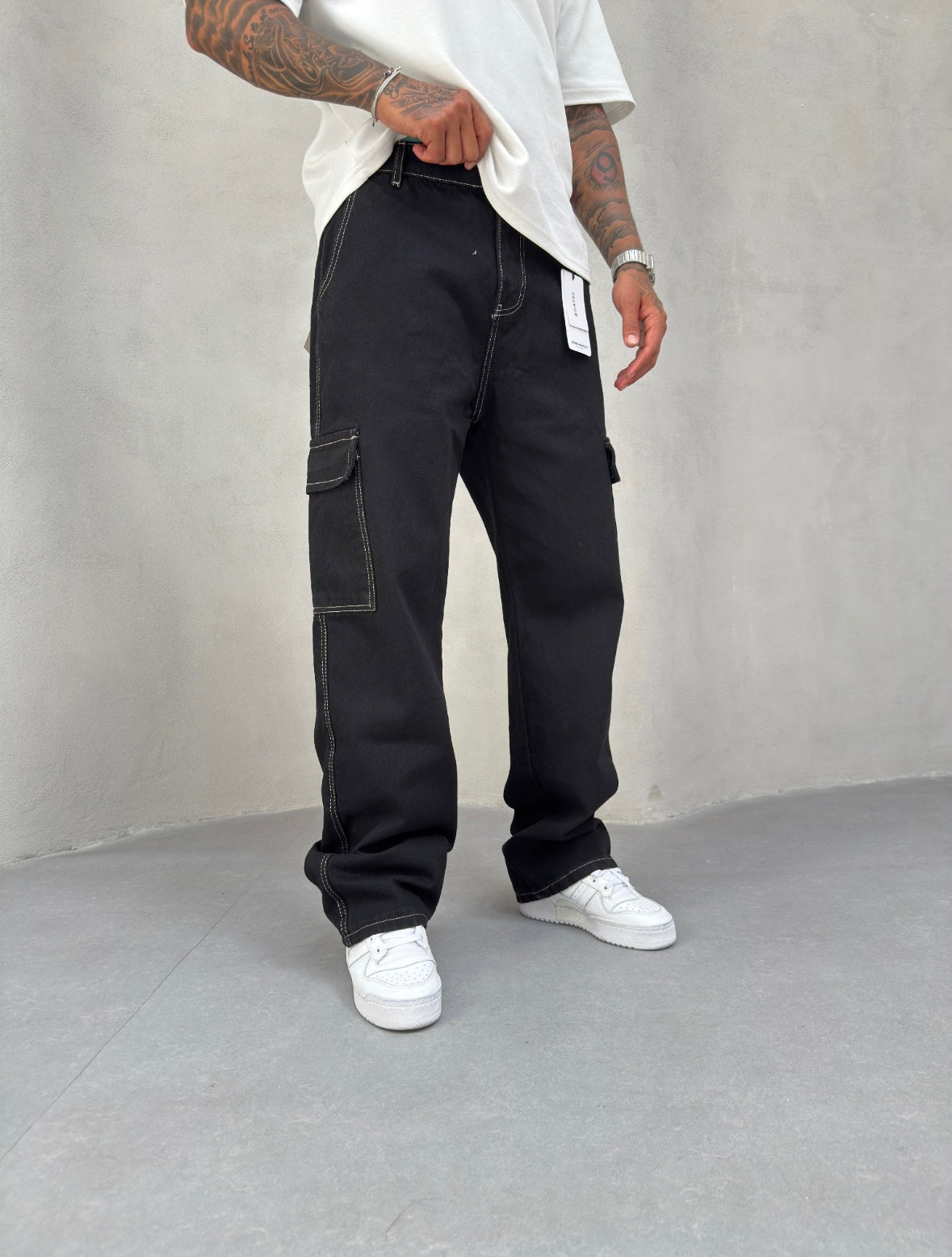 Siyah Kargo Cep Baggy Beyaz İp Detaylı